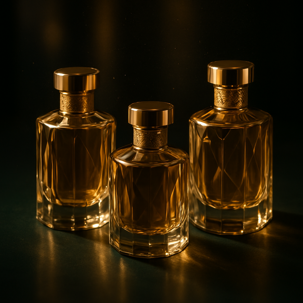 Luxury Arabic perfume bottles with golden light